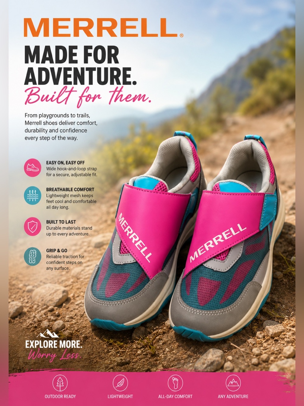 Merrell Kids Pink and Teal Hook-and-Loop Outdoor Sneakers